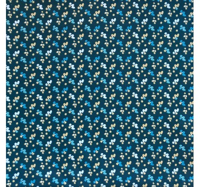 Coupon imprimé fleurs bleu et bleu clair fond bleu marine