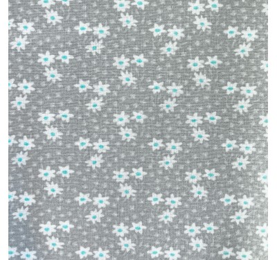Coupon imprimé petites fleurs blanches et bleu sur fond gris