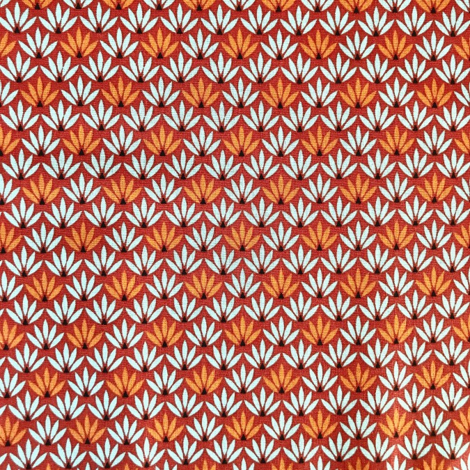 Coupon imprimé feuilles géométriques orange et blanc sur fond rouge foncé