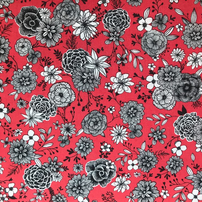Coupon imprimé fleurs anciennes noir et blanc sur fond rouge