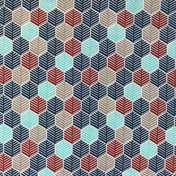 Coupon imprimé feuilles hexagonales rouge, bleu et marron