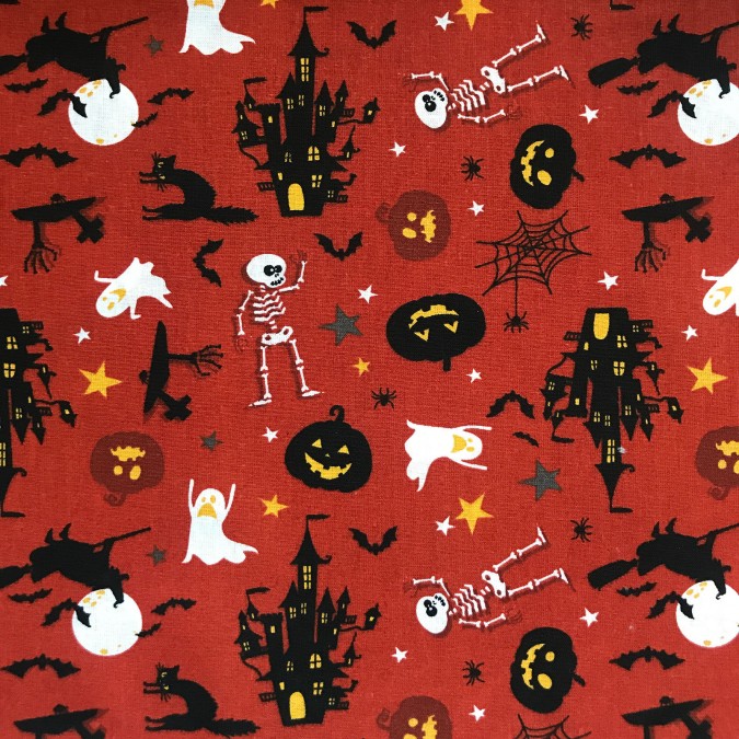 Coupon imprimé Halloween squelette et fantômes sur fond rouge