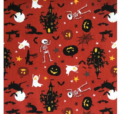 Coupon imprimé Halloween squelette et fantômes sur fond rouge